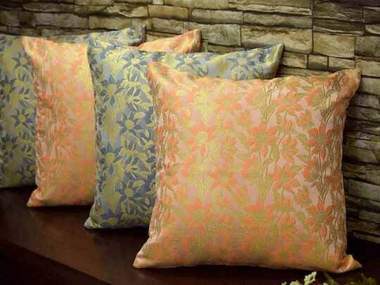 Bageecha Floral Brocade Silk Cushion Covers Combo (Peach & Grey)