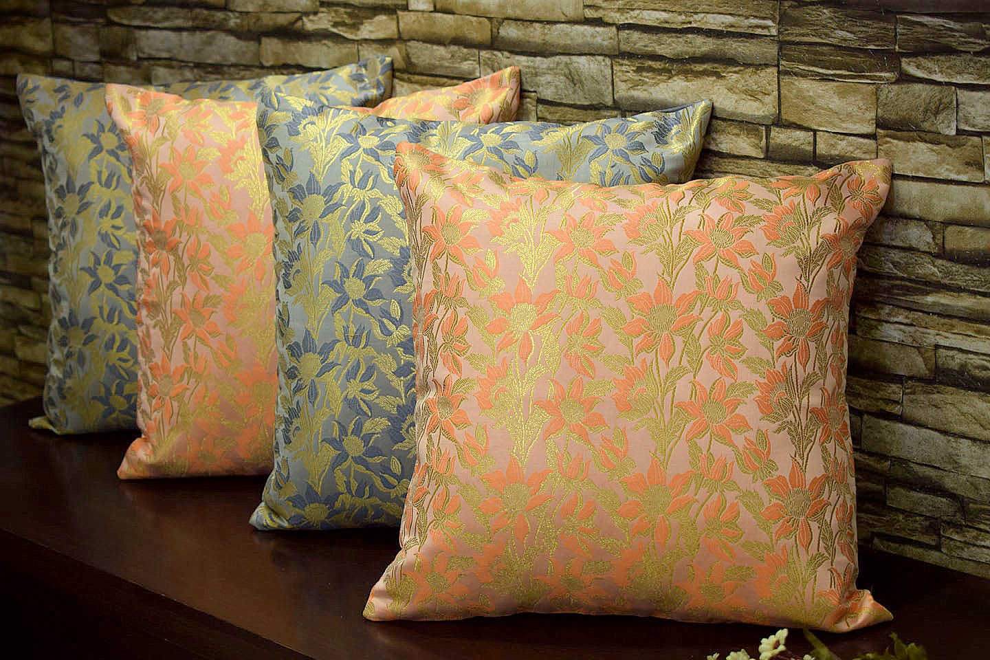 Bageecha Floral Brocade Silk Cushion Covers Combo (Peach & Grey)