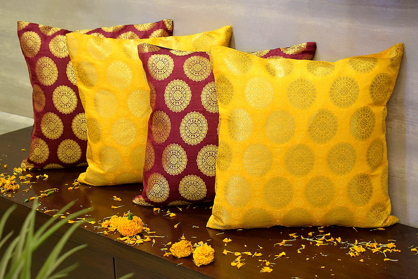 Mandala Brocade Silk Cushion Covers Combo (Maroon & Yellow)