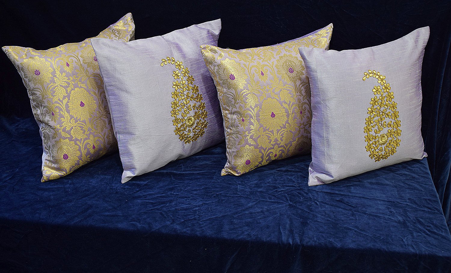 Assorted Lavender Mughal Banarasi Brocade & Paisley Hand Embroidered Cushion Covers - Set of 4 - Image 2