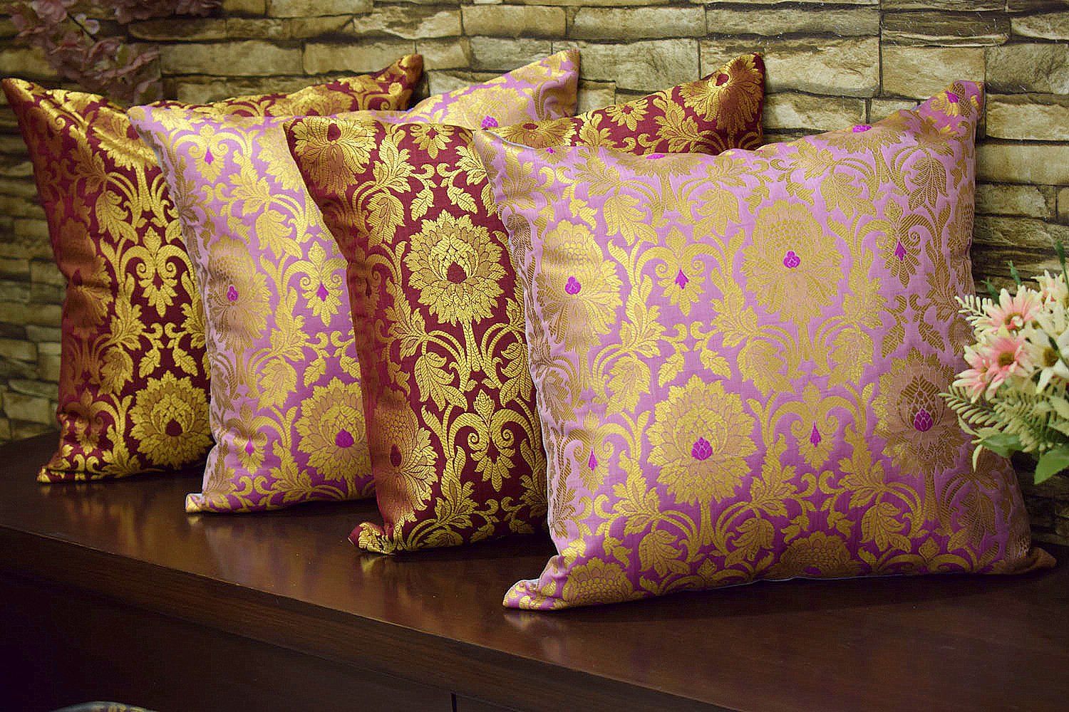 MUGHAL BANARASI Brocade Cushion Covers Combo (Lavender & Wine)