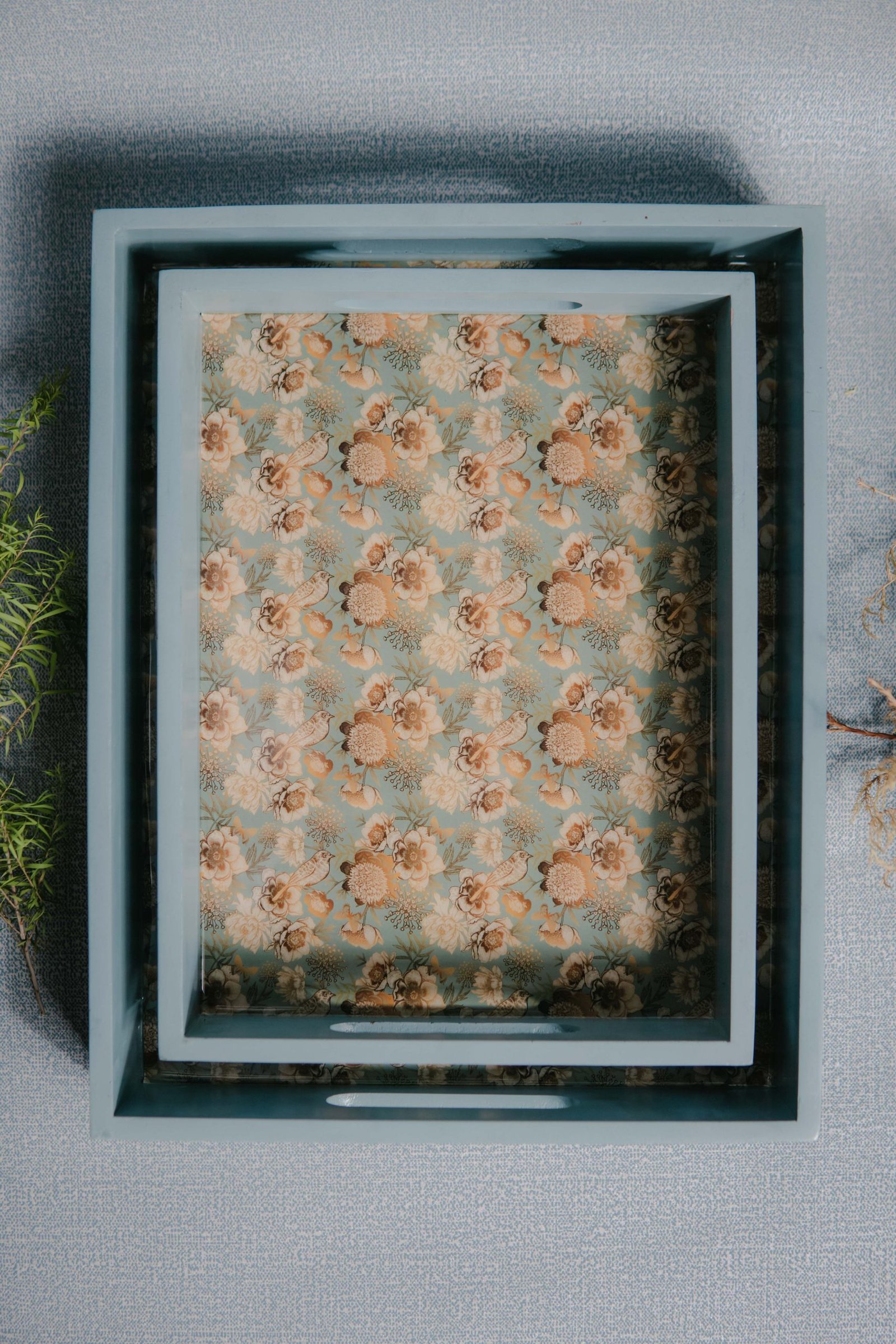 Wooden Artistic Golden Sparrow Serving Trays (Set of 2)