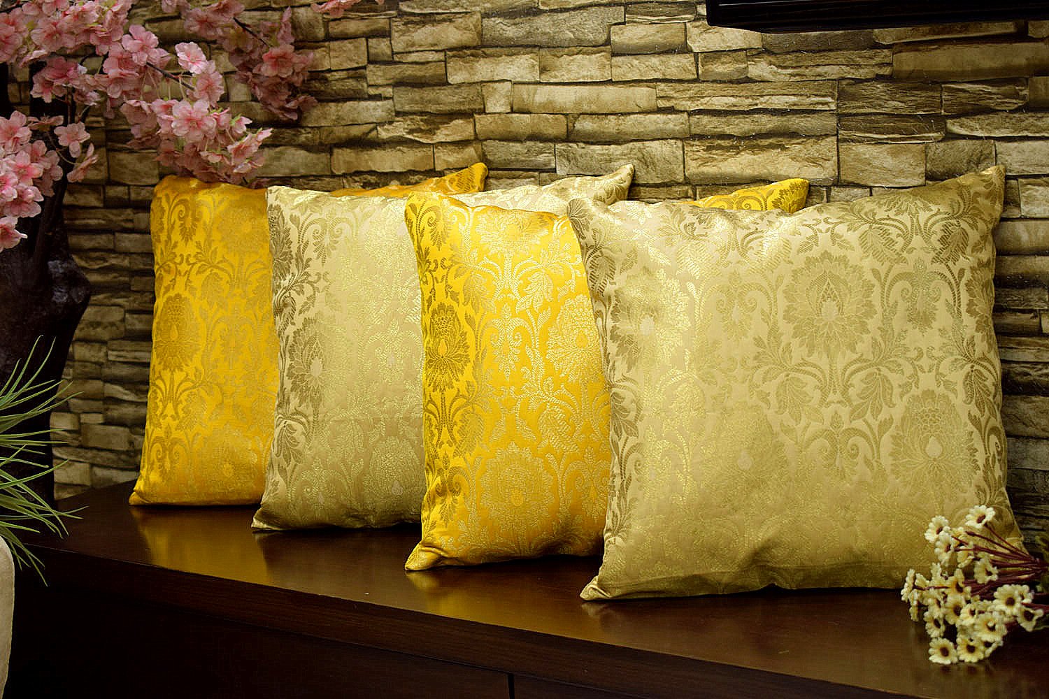 MUGHAL BANARASI Brocade Cushion Covers Combo (Marigold & Yellow)