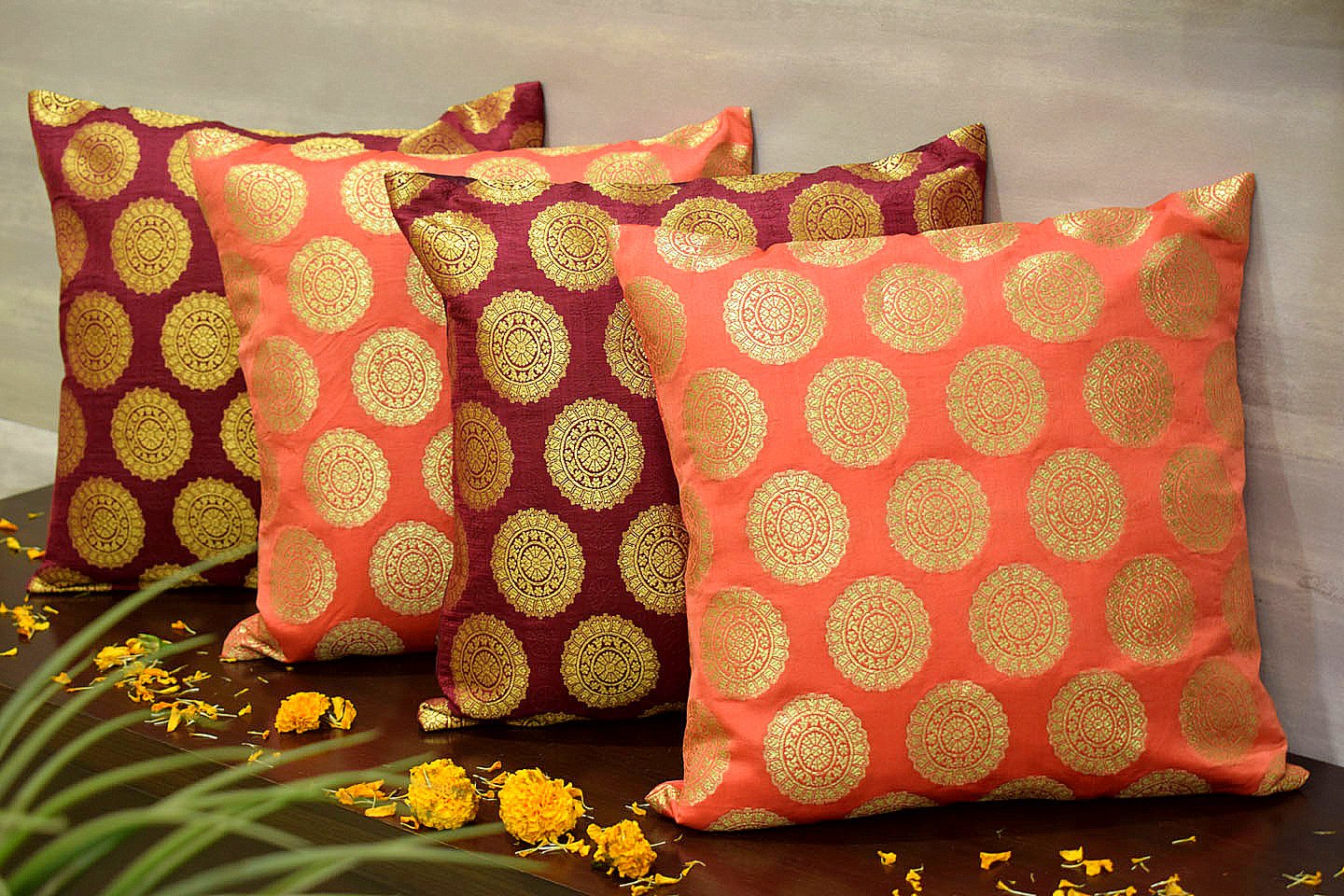 Mandala Brocade Silk Cushion Covers Combo (Peach & Maroon)
