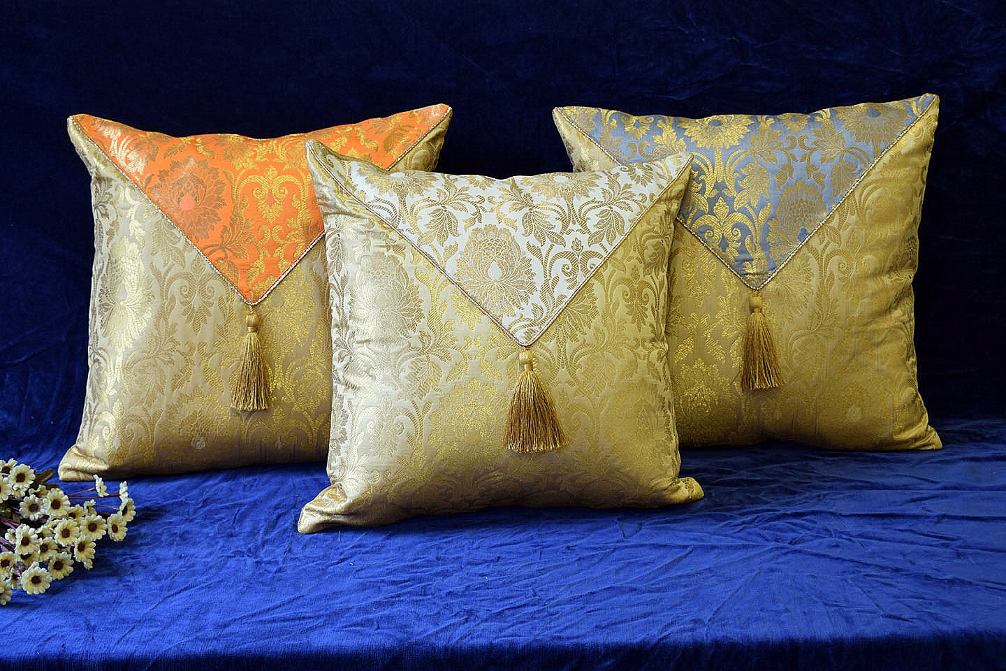 Jashan-E-Mehrang Cushion Covers Combo (Orange, White, Grey)