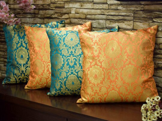 MUGHAL BANARASI Brocade  Cushion Covers Combo (Green & Orange)