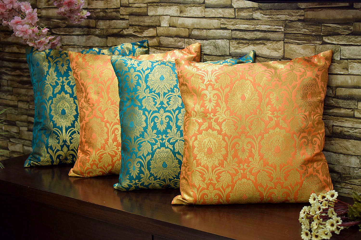 MUGHAL BANARASI Brocade Cushion Covers Combo (Green & Orange)