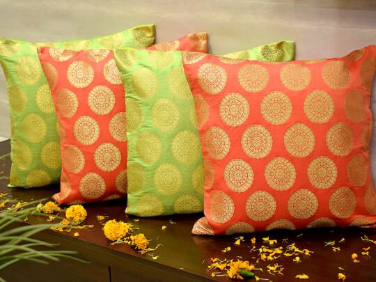 Mandala Brocade Silk Cushion Covers Combo (Peach & Green)