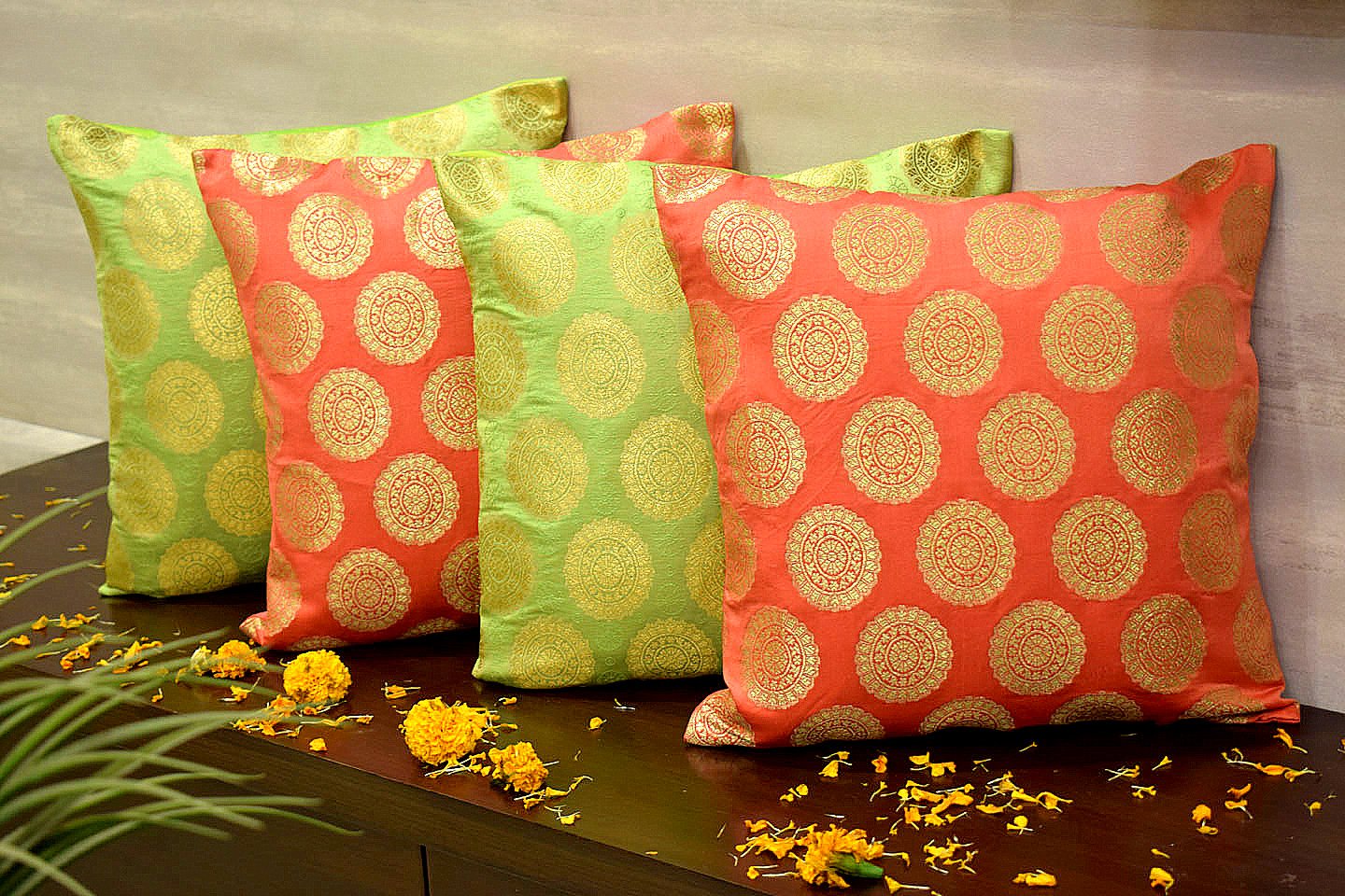 Mandala Brocade Silk Cushion Covers Combo (Peach & Green)