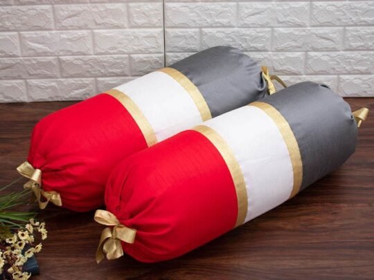 TRI Color Golden Zari Decorative Bolster Covers (Red, White, Grey )