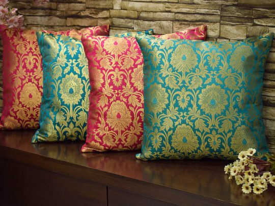 MUGHAL BANARASI Brocade Cushion Covers Combo (Green & Bougainvillea Pink)