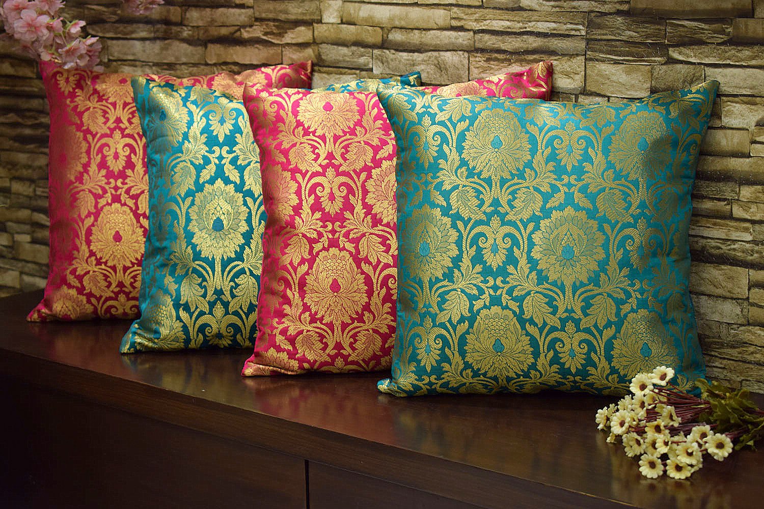 MUGHAL BANARASI Brocade Cushion Covers Combo (Green & Bougainvillea Pink)
