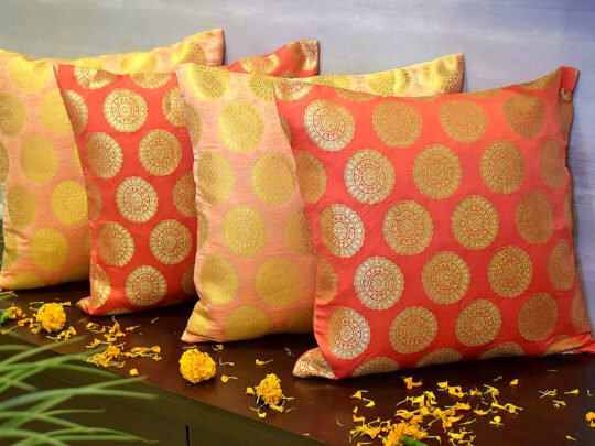 Mandala Brocade Silk Cushion Covers Combo (Peach & Coral)