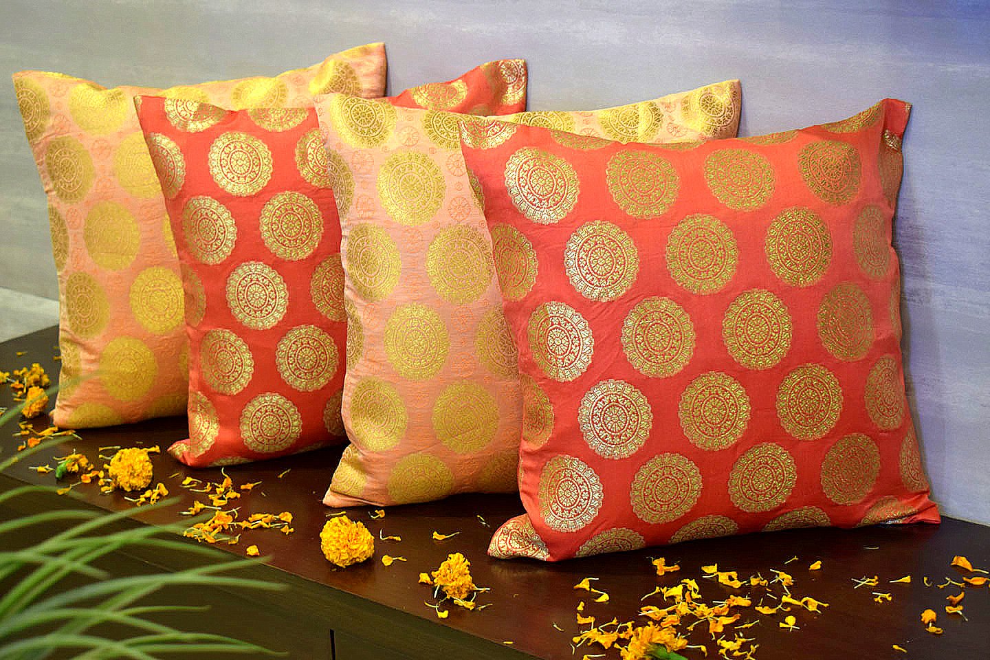 Mandala Brocade Silk Cushion Covers Combo (Peach & Coral)