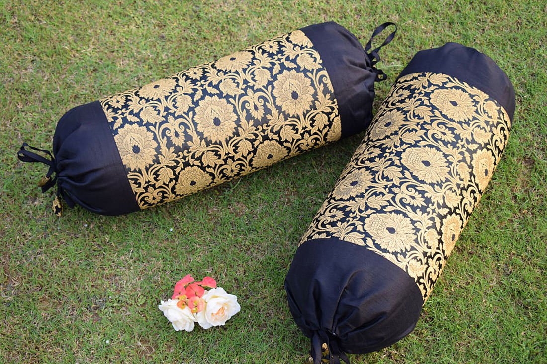 MUGHAL BANARASI Brocade Bolster Covers (Black & Golden)