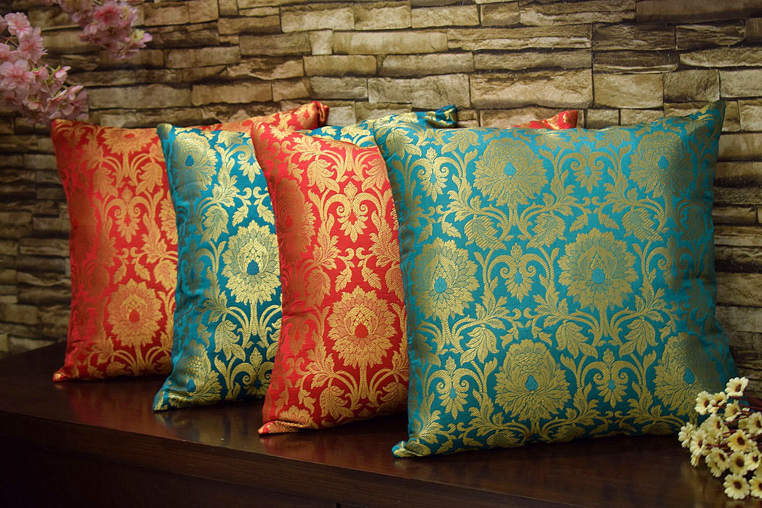 MUGHAL BANARASI Brocade Cushion Covers Combo (Green & Red)