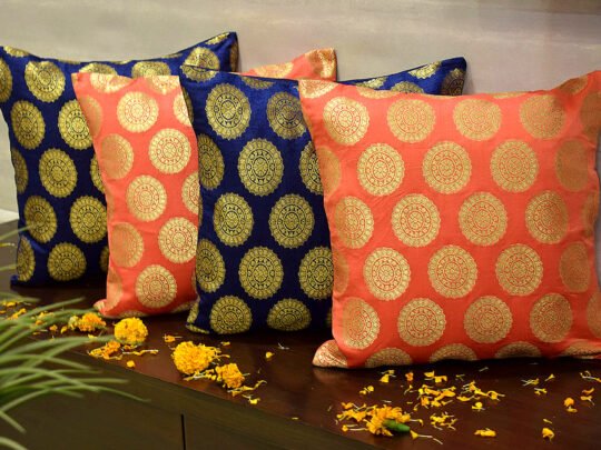 Mandala Brocade Silk Cushion Covers Combo (Peach & Blue)