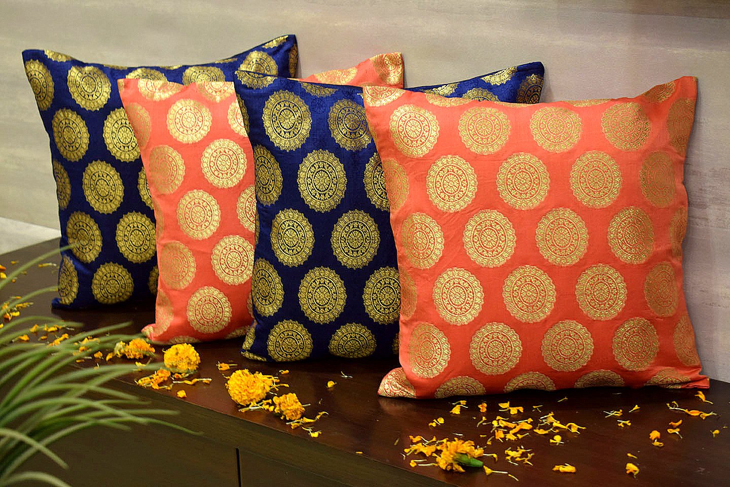Mandala Brocade Silk Cushion Covers Combo (Peach & Blue)