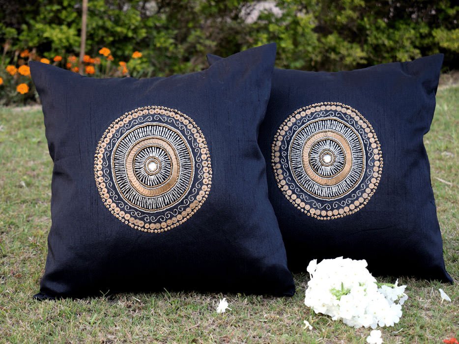 Hand Embroidered Circlet Designer Black Ethnic Cushion Covers