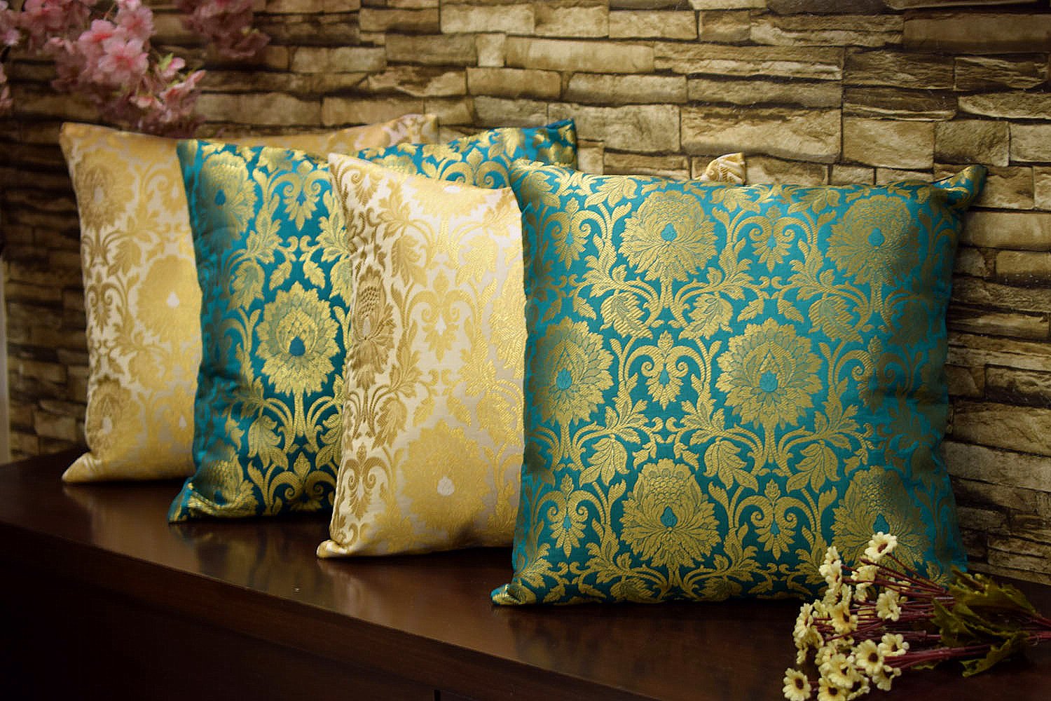 MUGHAL BANARASI Brocade Cushion Covers Combo (Green & White)