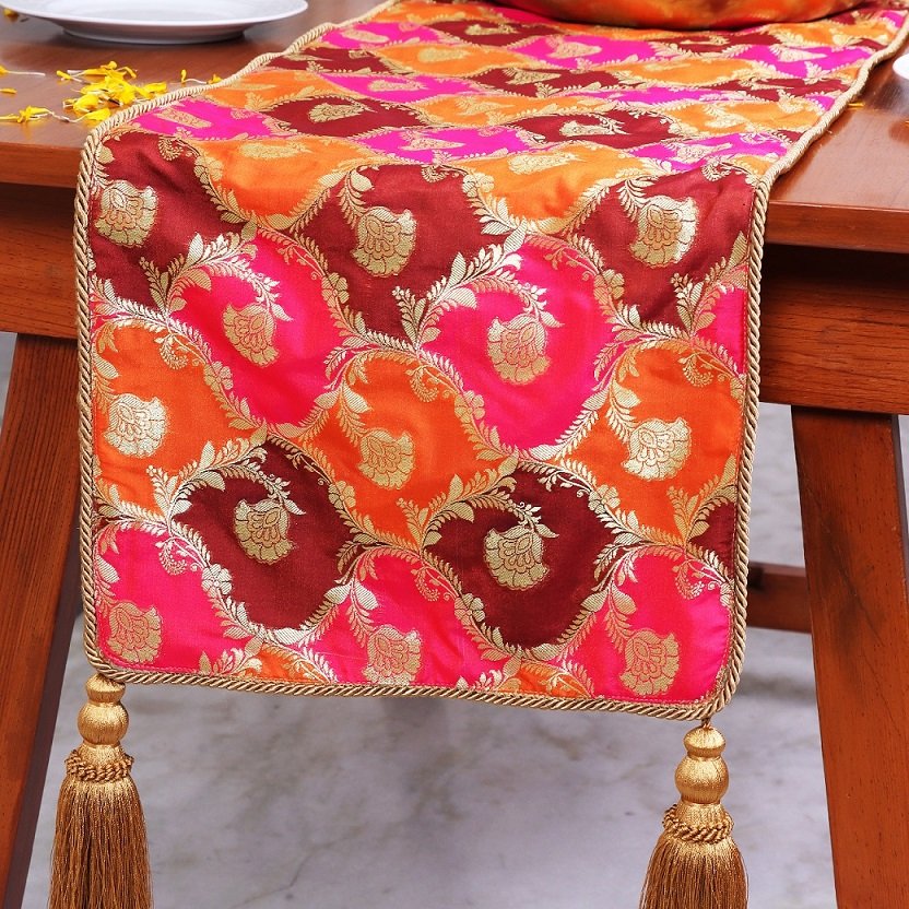 Khin-Khwabeeda Brocade Table Runner (Rust, Orange, Pink)