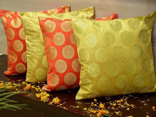 Mandala Brocade Silk Cushion Covers Combo (Peach & Beige)