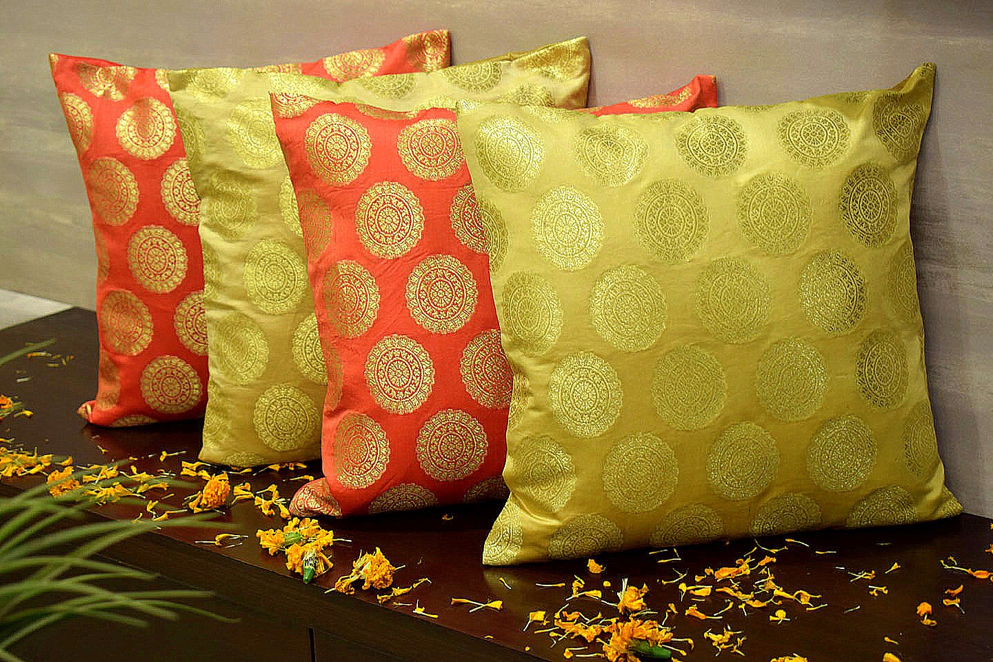 Mandala Brocade Silk Cushion Covers Combo (Peach & Beige)