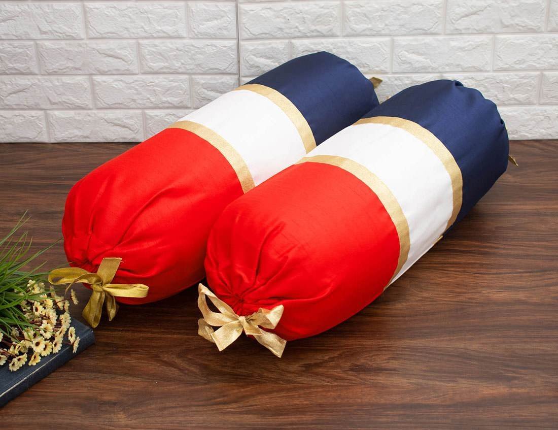 TRI Color Golden Zari Decorative Bolster Covers (Navy, White, Red)