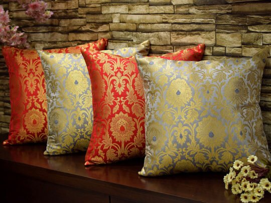 MUGHAL BANARASI Brocade  Cushion Covers Combo (Grey & Red)