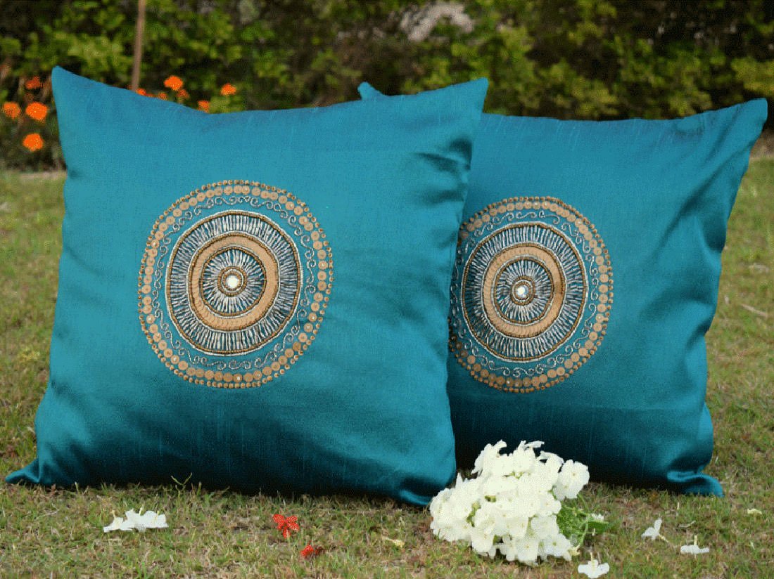 Hand Embroidered Circlet Designer Peacock Green Ethnic Cushion Covers