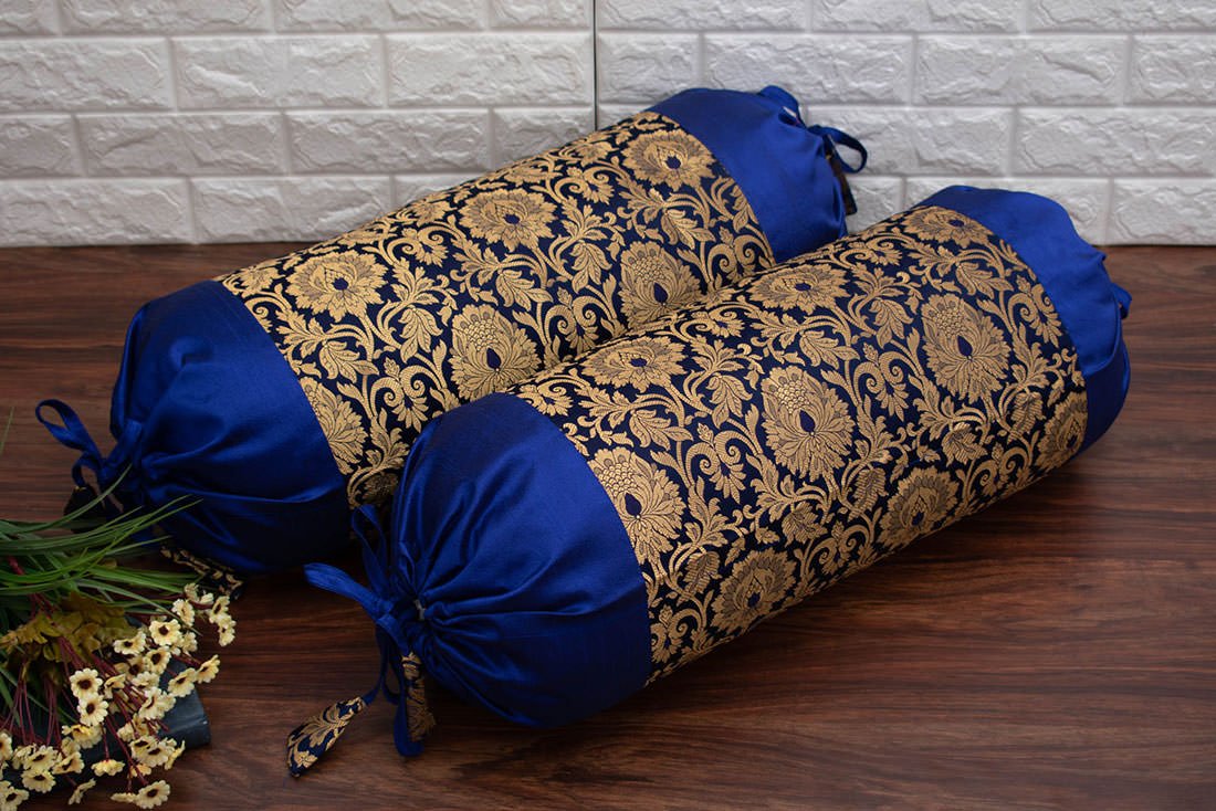 MUGHAL BANARASI Brocade Bolster Covers (Navy Blue & Golden)