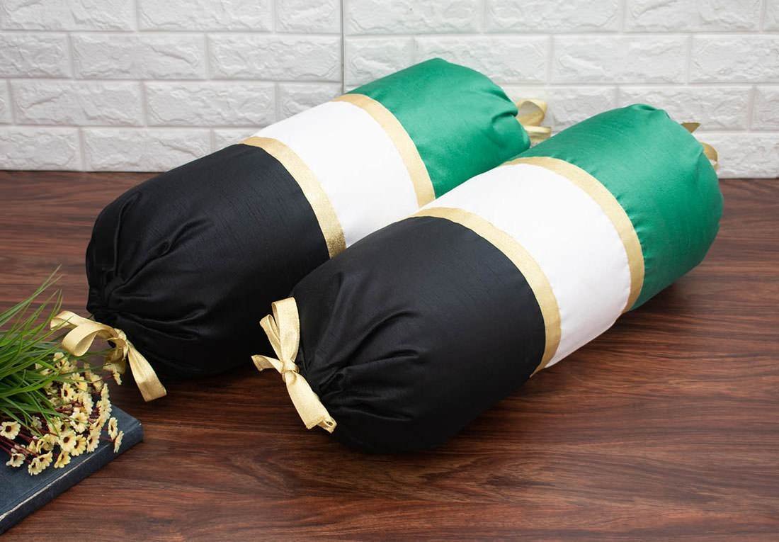 TRI Color Golden Zari Decorative Bolster Covers (Mint Green, White, Black)