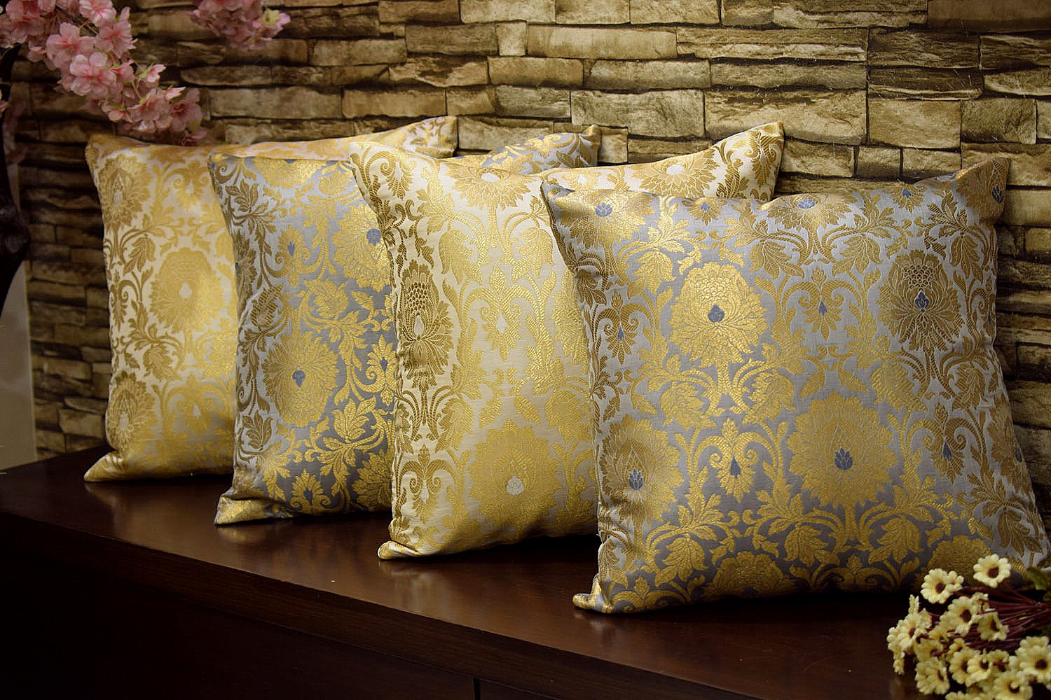 MUGHAL BANARASI Brocade Cushion Covers Combo (Grey & White)