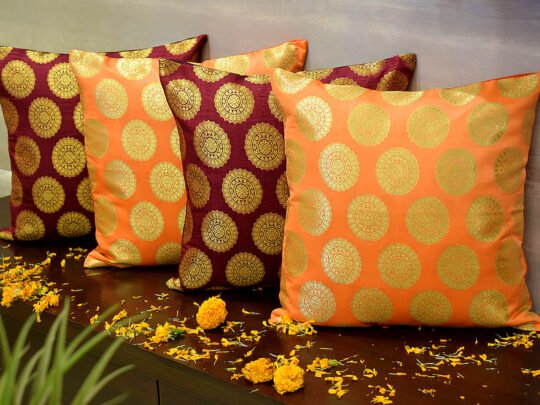 Mandala Brocade Silk Cushion Covers Combo (Orange& Maroon)