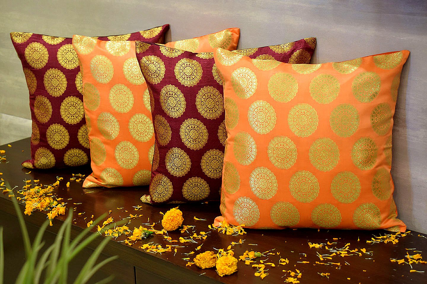 Mandala Brocade Silk Cushion Covers Combo (Orange& Maroon)