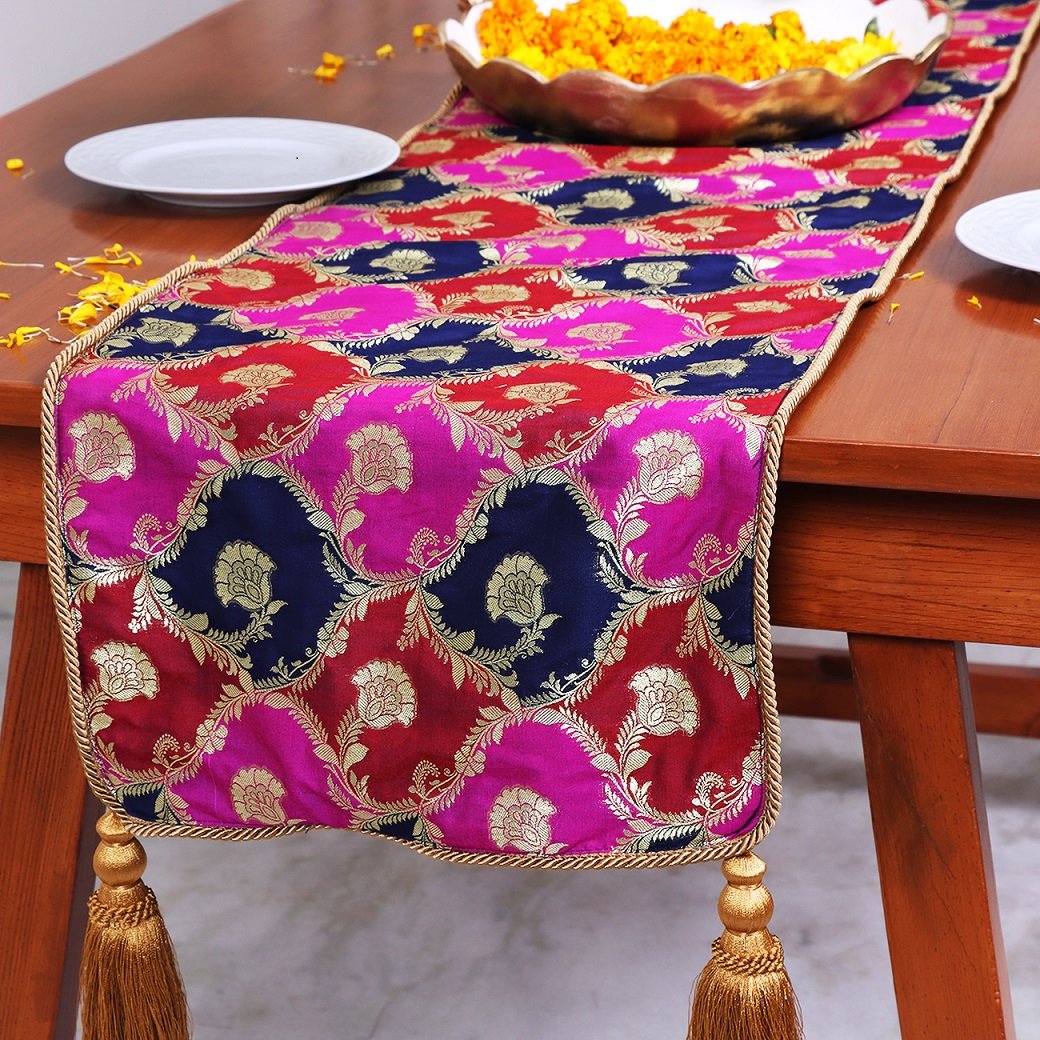 Khin-Khwabeeda Brocade Table Runner (Rust, Blue, Pink)