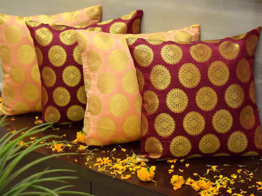 Mandala Brocade Silk Cushion Covers Combo (Coral & Maroon)