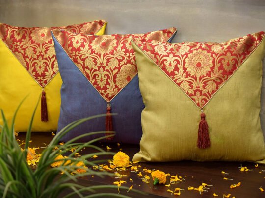 Mehrang Cushion Covers Combo (Beige, Steel Blue, Sunshine Yellow)