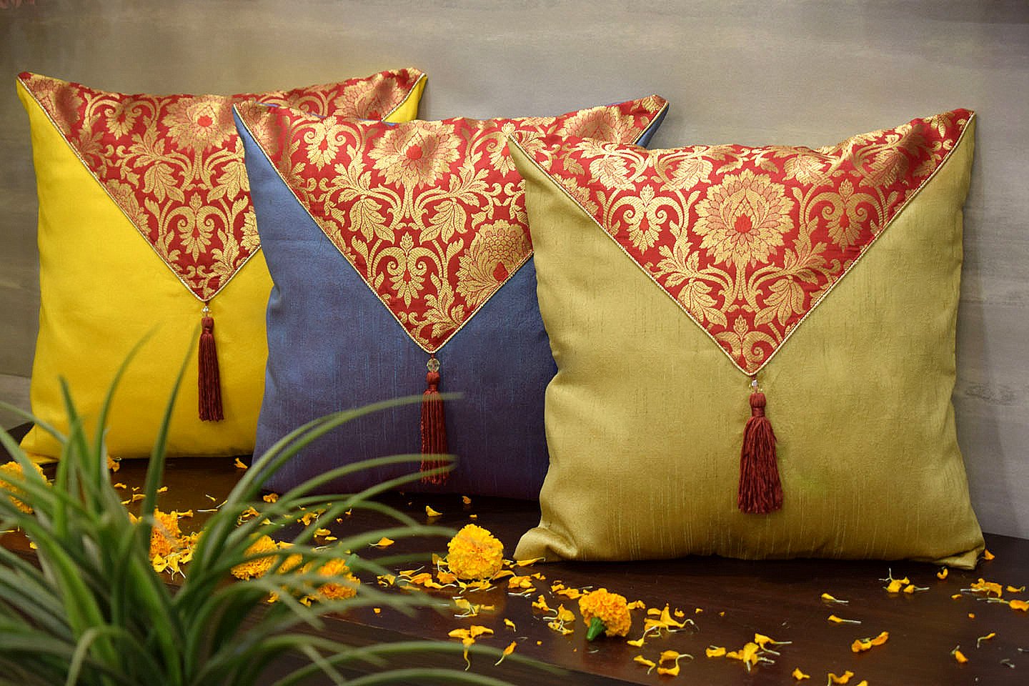 Mehrang Cushion Covers Combo (Beige, Steel Blue, Sunshine Yellow)