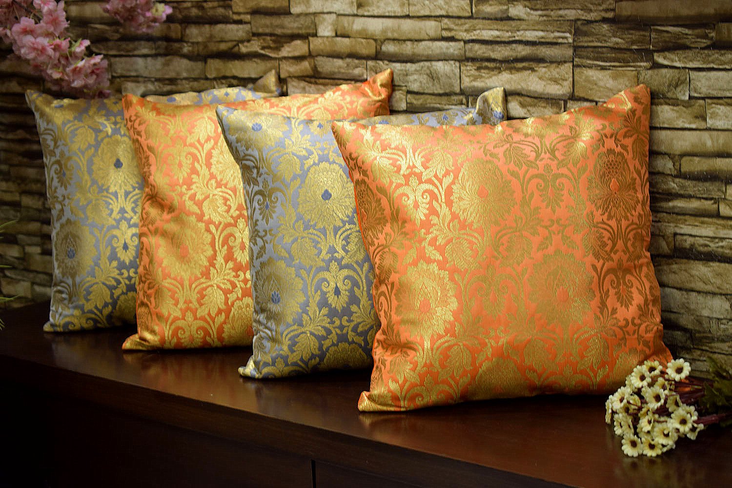 MUGHAL BANARASI Brocade Cushion Covers Combo (Orange & Grey)