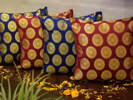 Mandala Brocade Silk Cushion Covers Combo (Blue & Maroon)