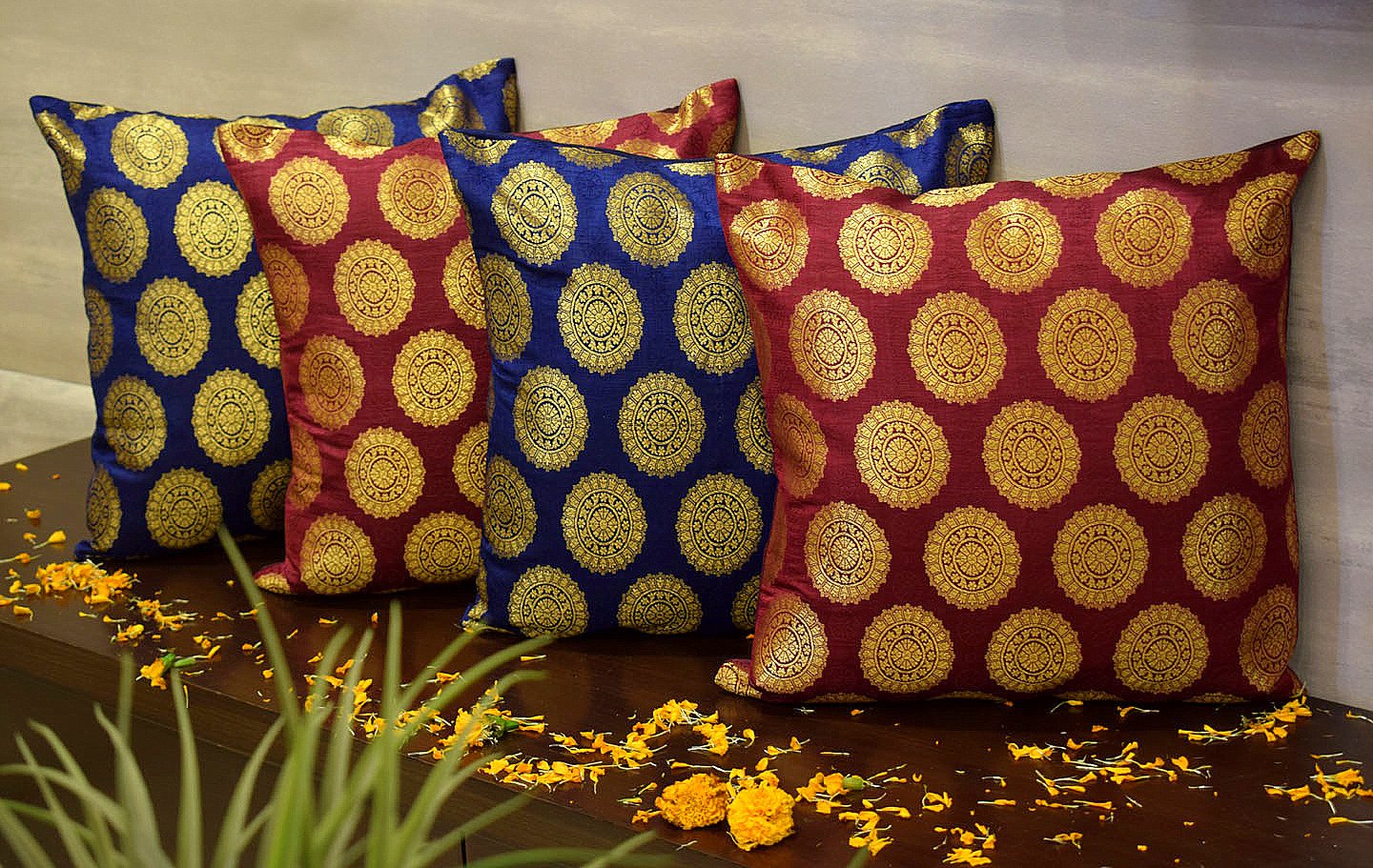 Mandala Brocade Silk Cushion Covers Combo (Blue & Maroon)