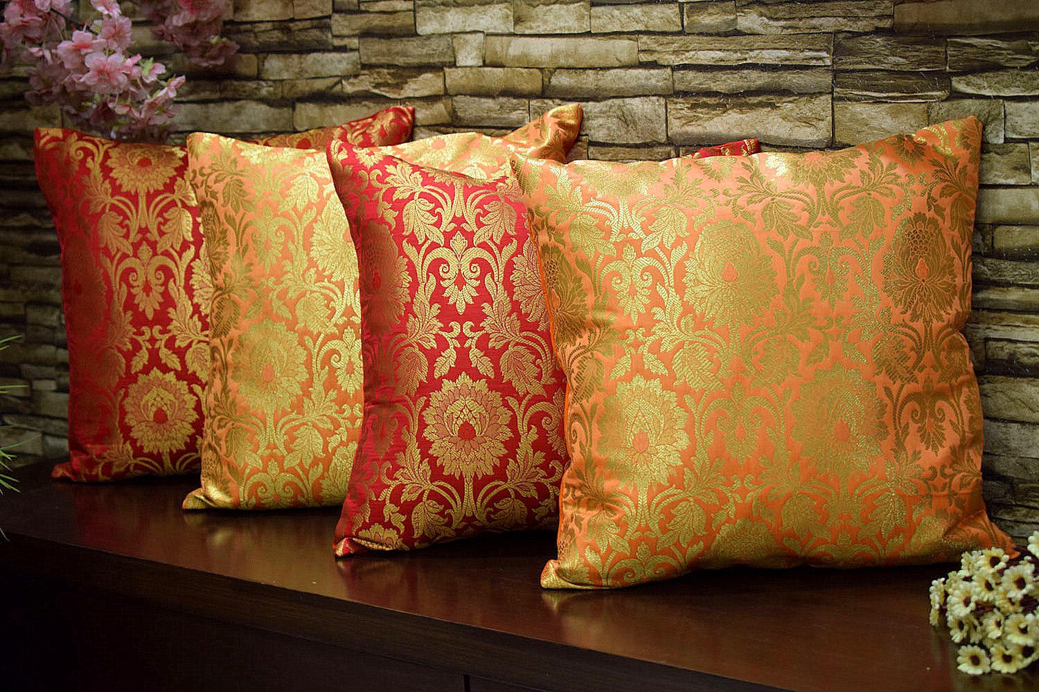 MUGHAL BANARASI Brocade Cushion Covers Combo (Orange & Red)