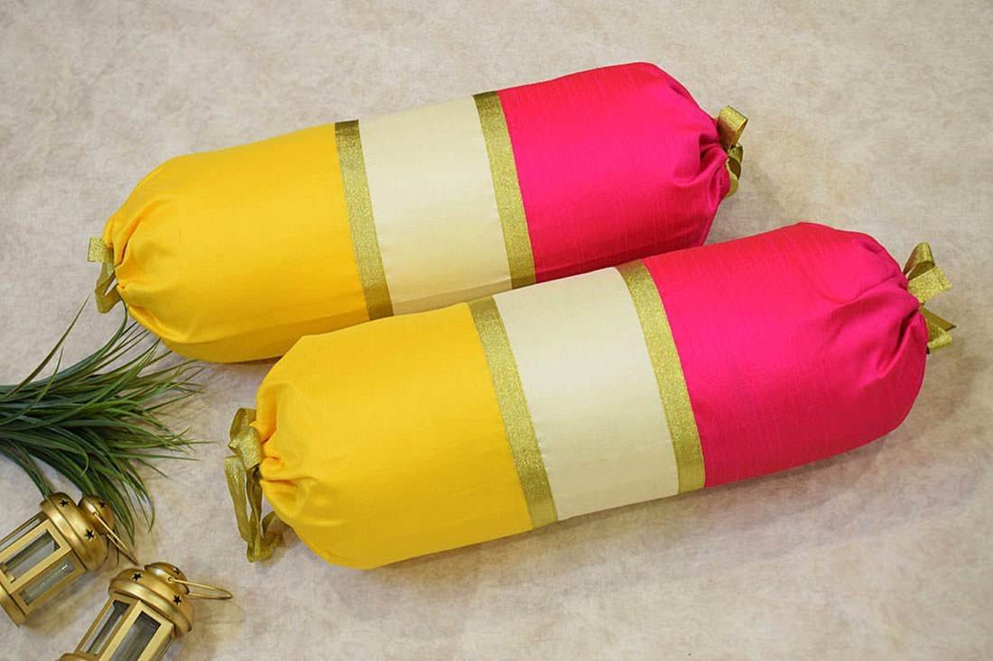 TRI Color Golden Zari Decorative Bolster Covers (Yellow, Ivory, Magenta)