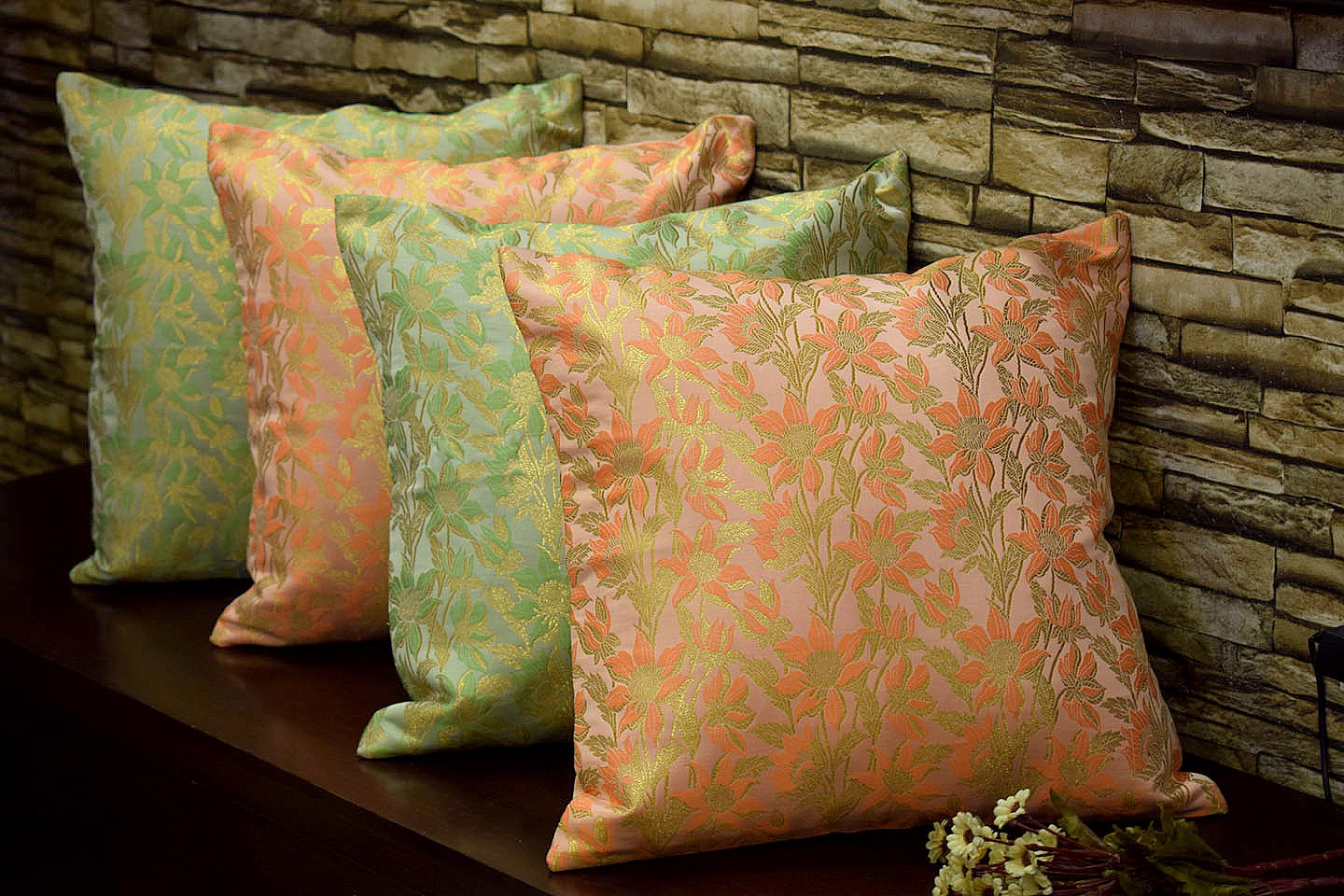 Bageecha Floral Brocade Silk Cushion Covers Combo (Peach & Sage Green)