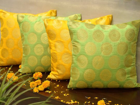 Mandala Brocade Silk Cushion Covers Combo (Green & Yellow)