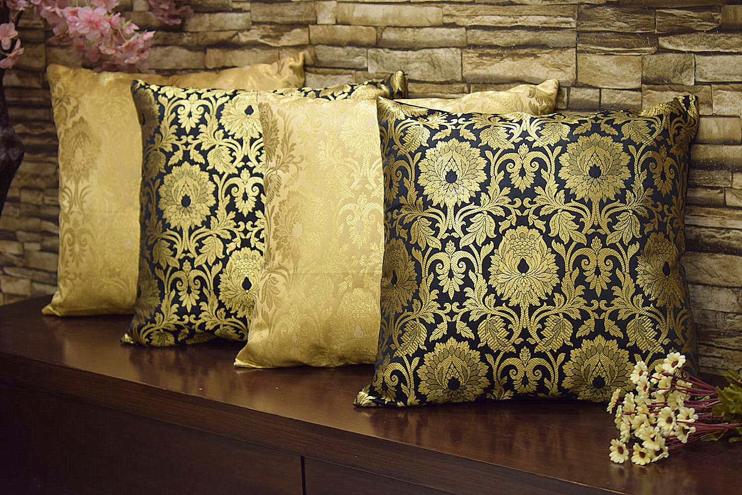 MUGHAL BANARASI Brocade Cushion Covers Combo (MariGold & Black)