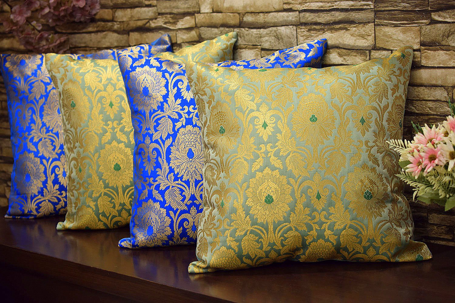 MUGHAL BANARASI Brocade Cushion Covers Combo (Sage Green & Firozi)