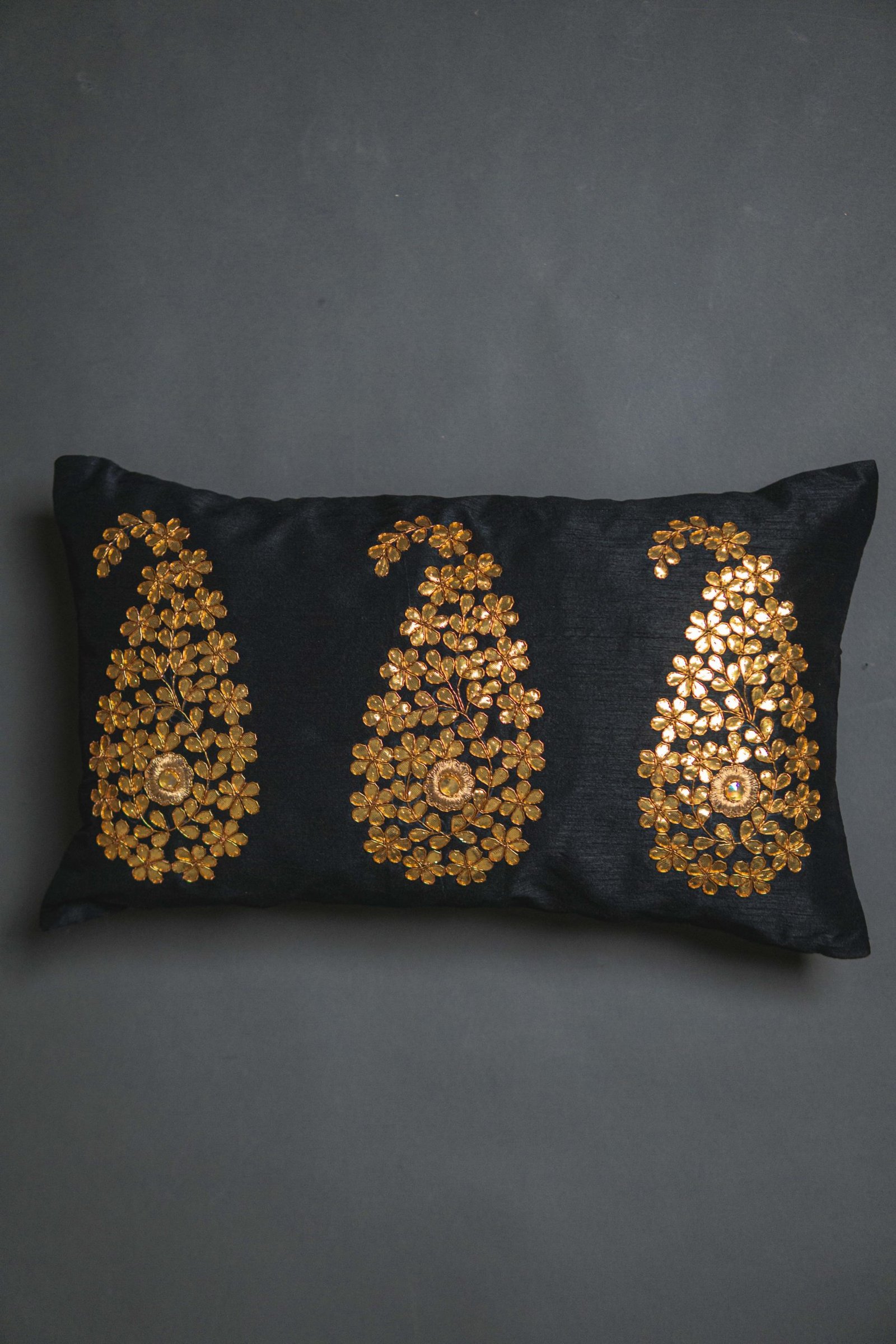 Black & Golden Paisley Leaf Rectangular Cushion Cover