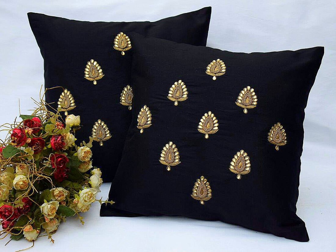 Swarn Paan Patti Beads, Kundan & Zari Hand Embroidery Black Cushion Covers